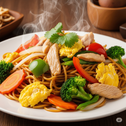 Gebratene Nudeln mit Hühnerfleisch, Gemüse, Eiern